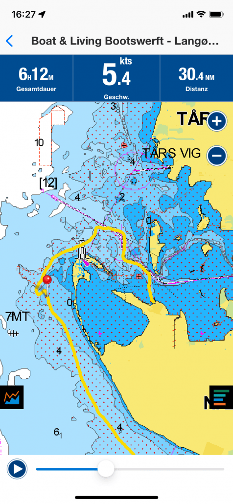 Bei der roten Marke ist der Motor ausgestiegen, doch dank guter Seemannschaft erreichten wir unter gereffter Genua mit räumlichem Wind den geschützten Hafen Langø.
